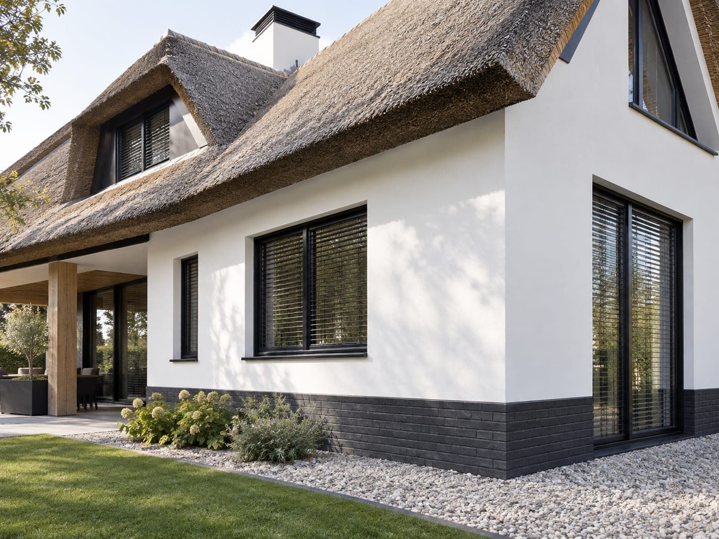 Villa met rieten dak, wit gestucte gevels, antraciete plint en houten overkapping