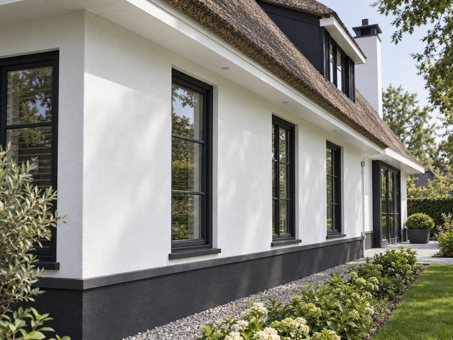 Wit gestucte zijgevel van een villa met rieten dak en antraciete kozijnen
