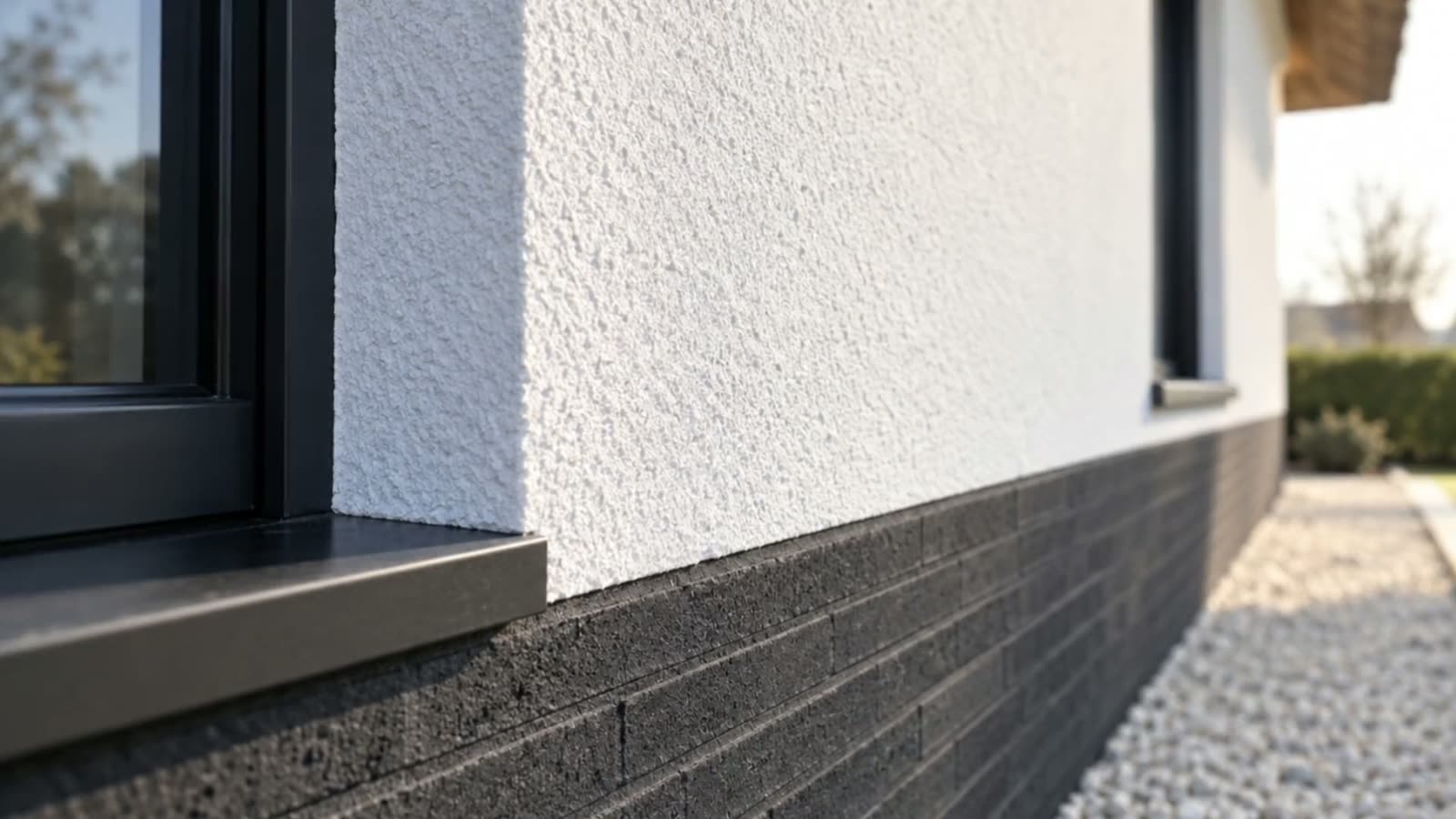 Wit gevelstucwerk met korrelstructuur naast een donker raamkozijn, boven een antraciet plint en een grindstrook